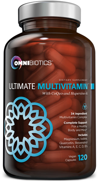 A bottle of OmniBiotics Ultimate Multivitamin capsules with a label showing the product name and '34 ingredients' text indicating the number of vitamins and minerals in the supplement.