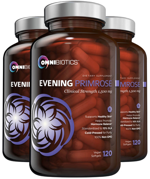Three bottles of OmniBiotics Evening Primrose Oil with capsules visible, labeled for supporting healthy skin, hair, and nails, with a blend of evening primrose, rose hips, and flaxseed oils.
