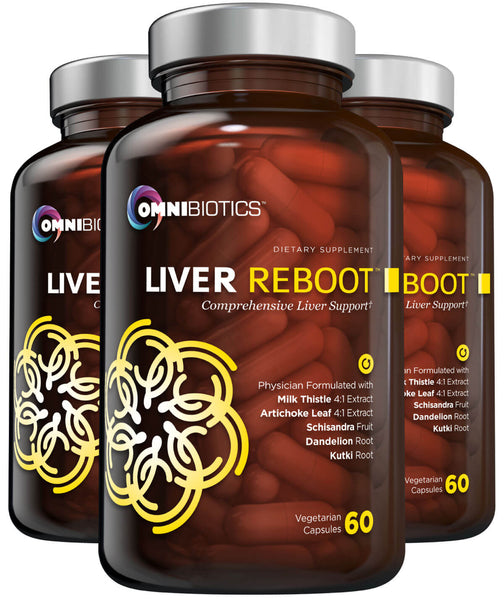 Three bottles of OmniBiotics Liver Reboot, 60 vegetarian capsules—“Comprehensive Liver Support” with milk thistle, artichoke leaf, schisandra, dandelion, and kutki.