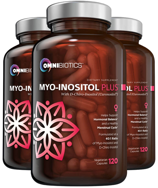 Three bottles of OmniBiotics Myo-Inositol Plus (120 vegetarian capsules) with D-Chiro-Inositol, 40:1 ratio, labeled to support hormonal balance and a healthy menstrual cycle.