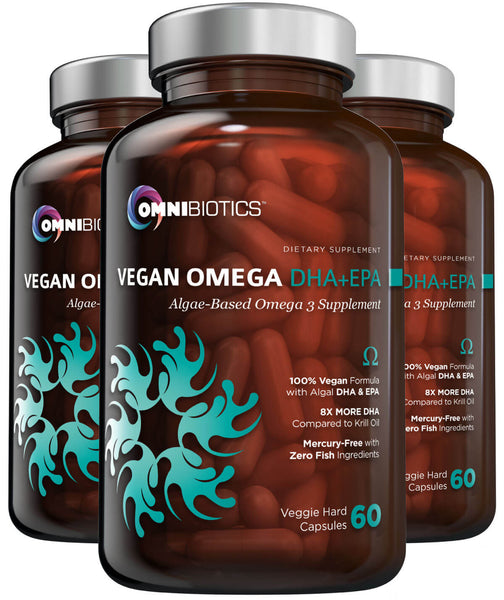 Three bottles of OmniBiotics Vegan Omega DHA + EPA supplements with a predominantly brown label and a blue omega symbol. The bottles are labeled to contain 60 capsules each.