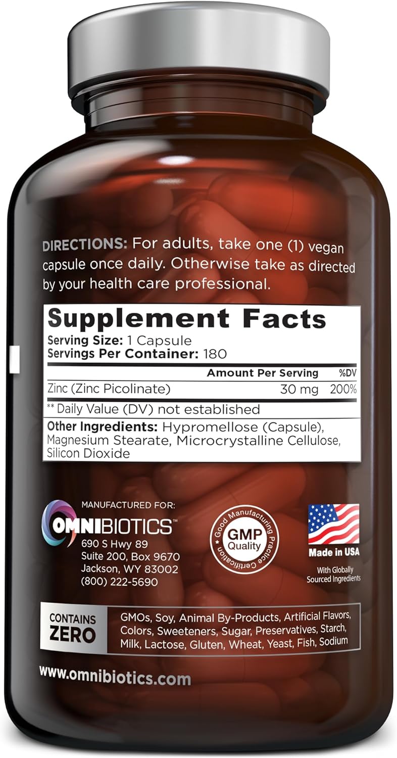 OmniBiotics Zinc Picolinate bottle—back label with Supplement Facts: 30 mg zinc picolinate per vegan capsule (180 servings).