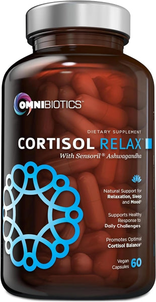 A bottle of OmniBiotics Cortisol Relax dietary supplement with 60 capsules, featuring natural herbs and adaptogens for stress and sleep support.