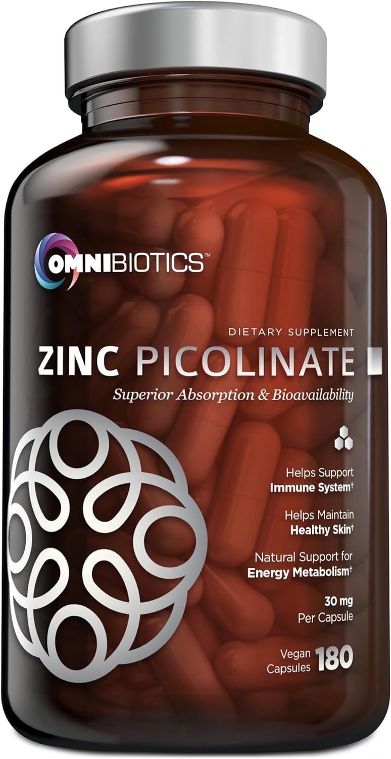 A bottle of OmniBiotics Zinc Picolinate dietary supplement, with visible zinc picolinate capsules inside. The label indicates 30 mg per capsule and highlights the product's benefits such as immune system support, energy metabolism, and skin health.