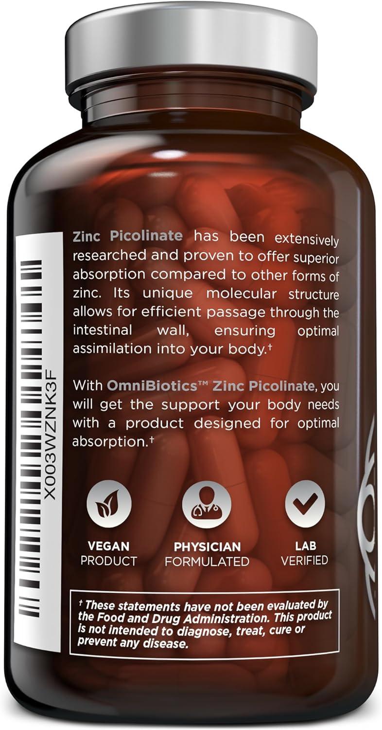 Label of an OmniBiotics Zinc Picolinate supplement bottle describing superior absorption of zinc picolinate
