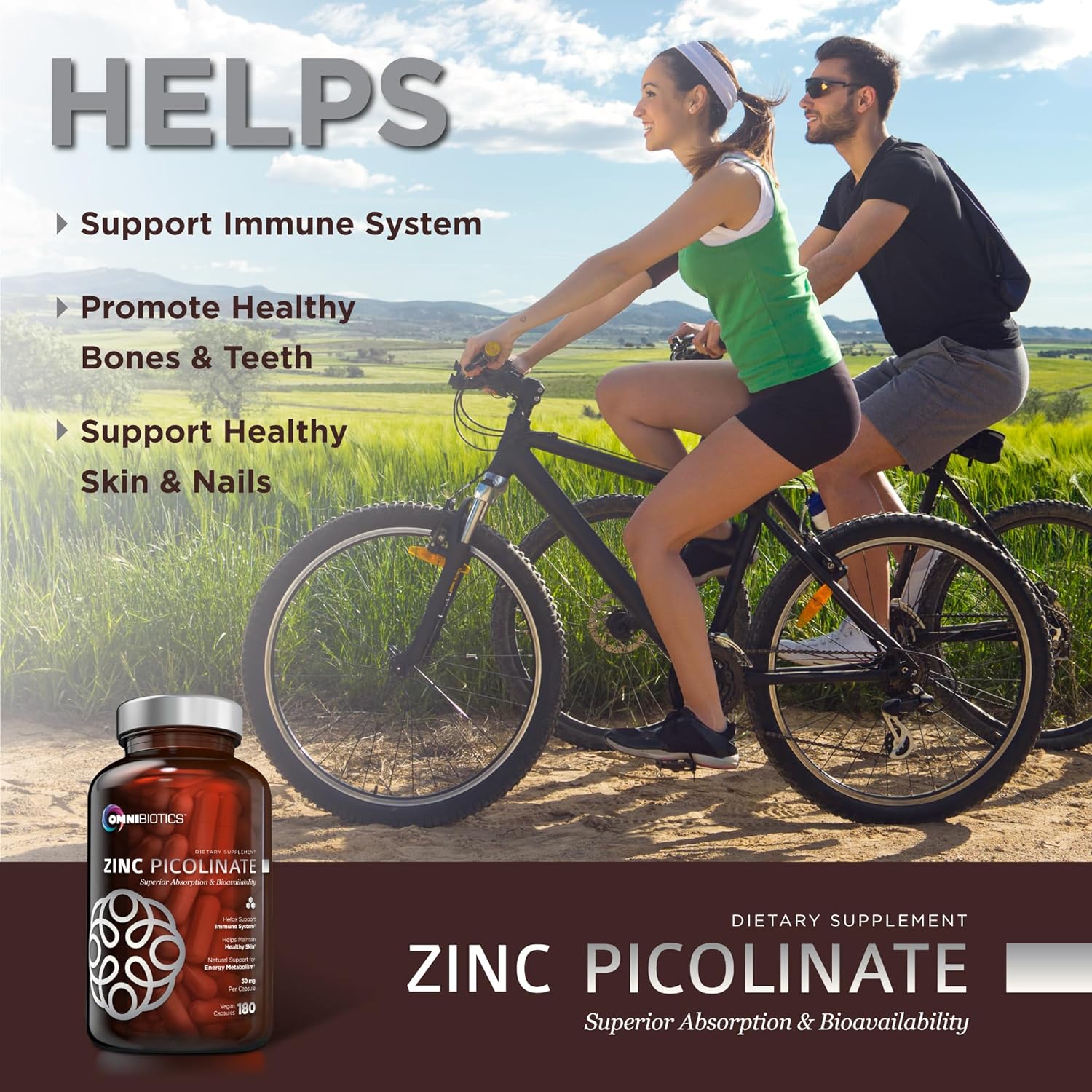 OmniBiotics Zinc Picolinate ad—man and woman riding bikes in a sunny field with callouts: “Support Immune System,” “Promote Healthy Bones & Teeth,” and “Support Healthy Skin & Nails.”