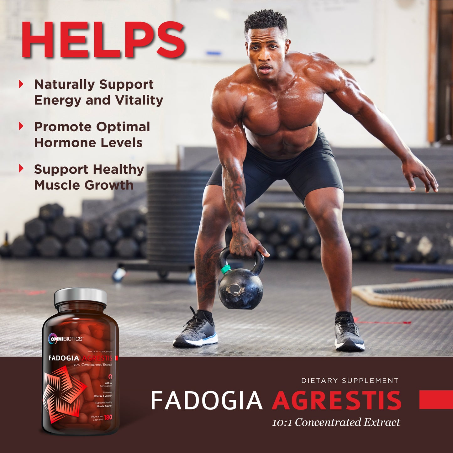 Male athlete doing a kettlebell lunge in a gym beside an OmniBiotics Fadogia Agrestis supplement bottle