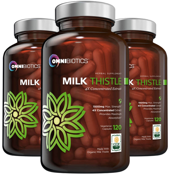Three bottles of OmniBiotics Milk Thistle supplements with labeling that shows the product name, brand, and a graphic of a milk thistle flower.