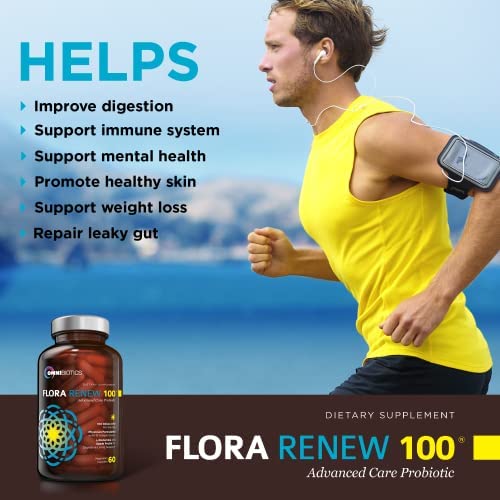 Omnibiotics Flora Renew supplement bottle with a runner in the background, promoting gut health and vitality.