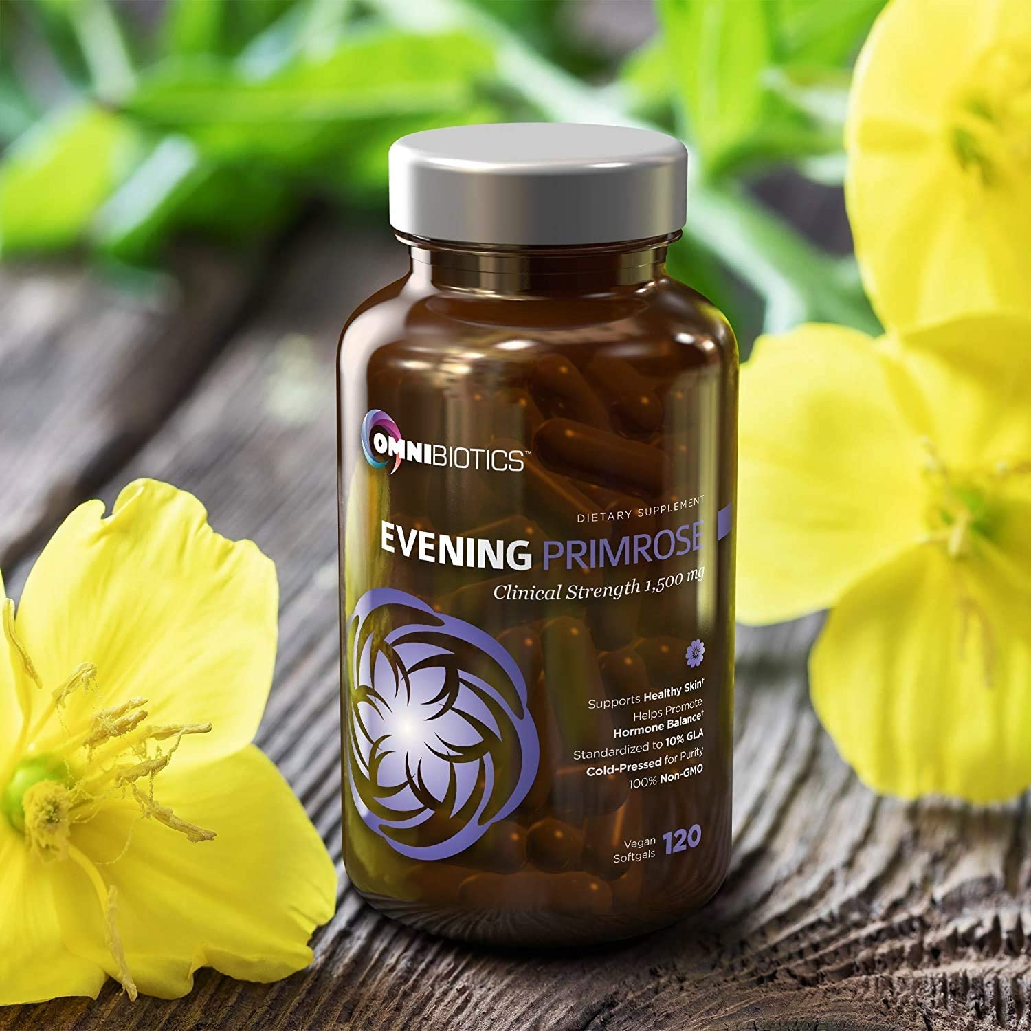 OmniBiotics Evening Primrose Oil—1,500 mg, 120 vegan softgels—bottle with yellow primrose flowers.