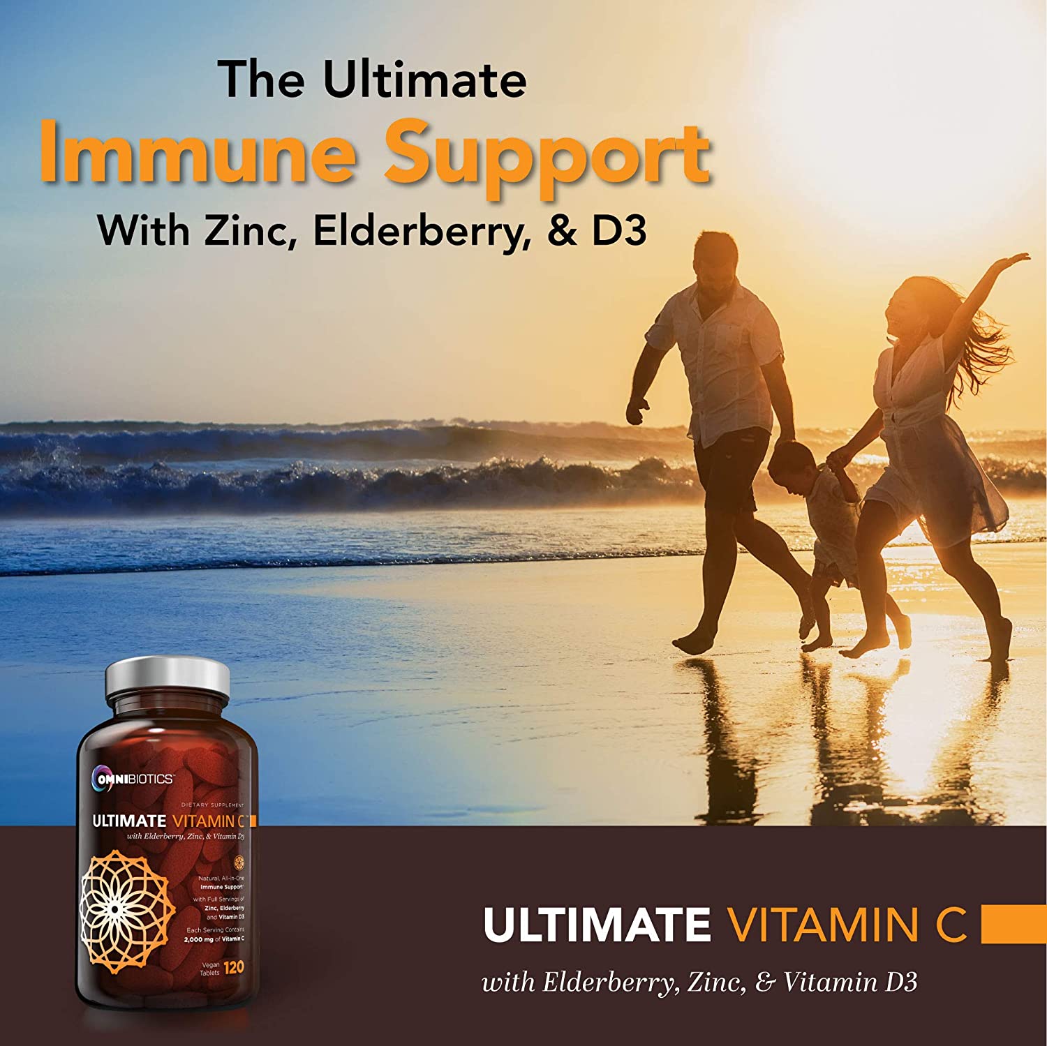 Family running on a beach at sunset with an Omnibiotics Ultimate Vitamin C bottle.