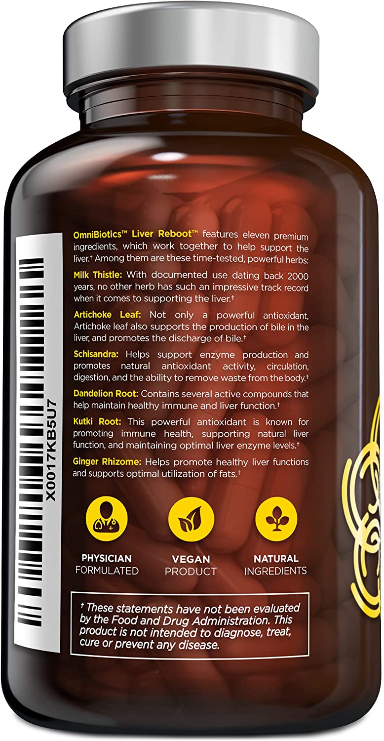 Omnibiotics Liver Reboot supplement bottle's back, showing details on ingredients and recommended daily intake.
