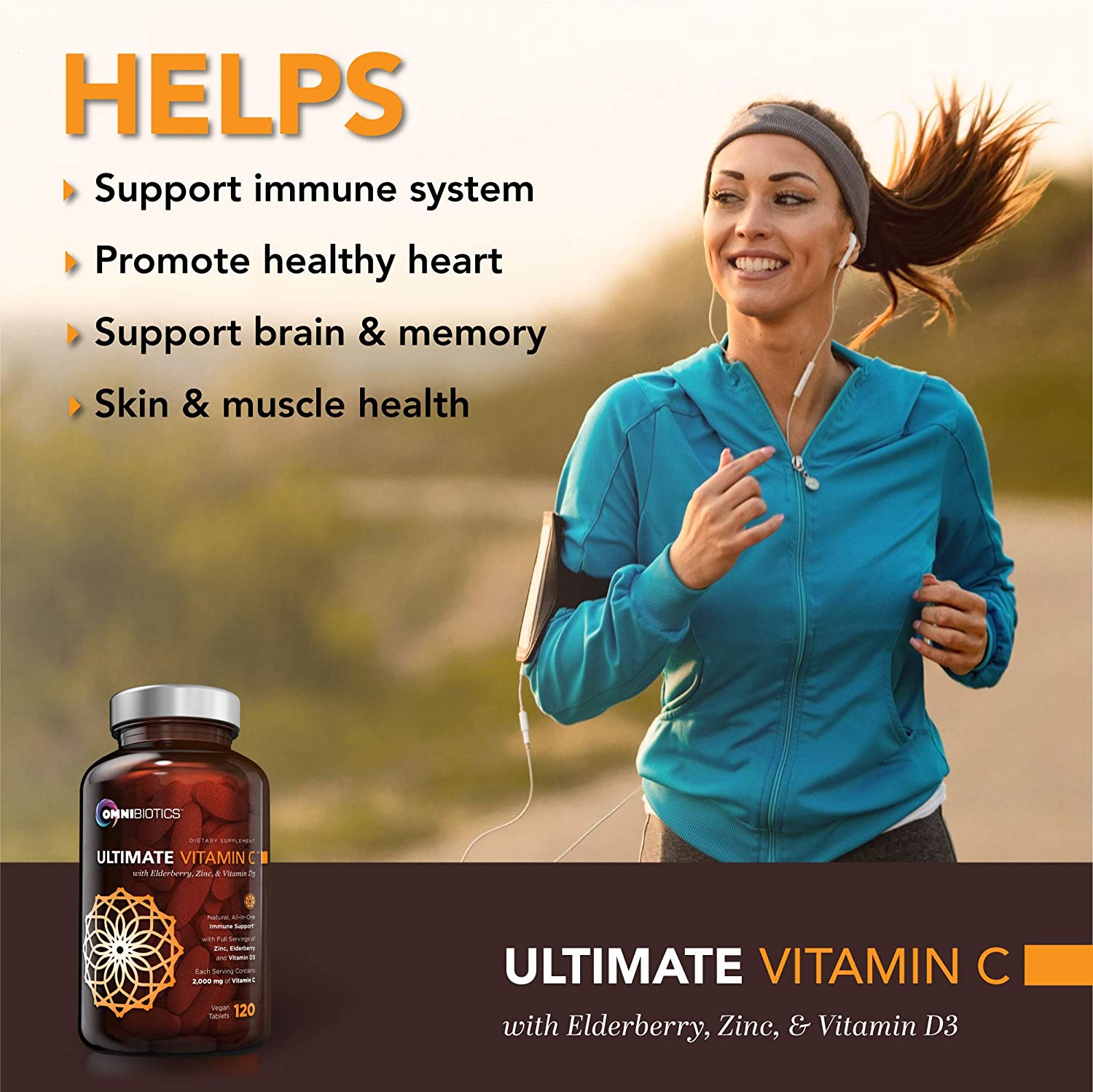 Smiling woman jogging with earbuds alongside text of benefits and an Omnibiotics Ultimate Vitamin C bottle.