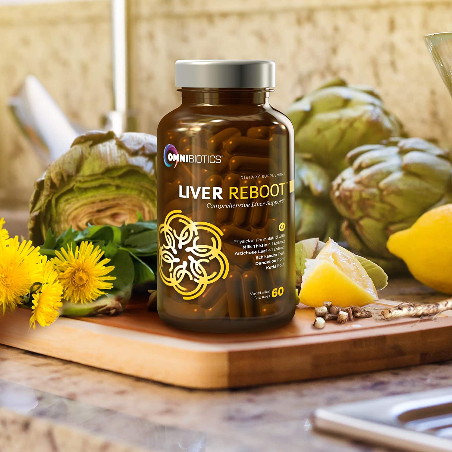 Omnibiotics Liver Reboot Supplement featuring dandelion and lemon, promoting natural cleansing and wellness.