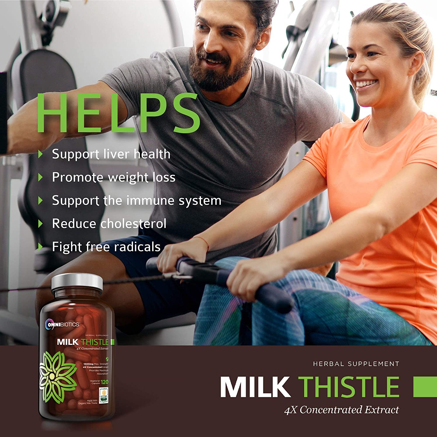 Couple exercising on rowing machines; OmniBiotics Milk Thistle 4X Concentrated Extract bottle with “Helps” benefits list.