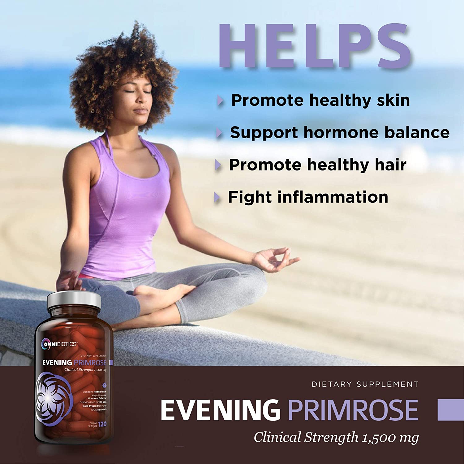 A woman relaxes with a bottle of evening primrose, surrounded by soft sand and gentle waves.