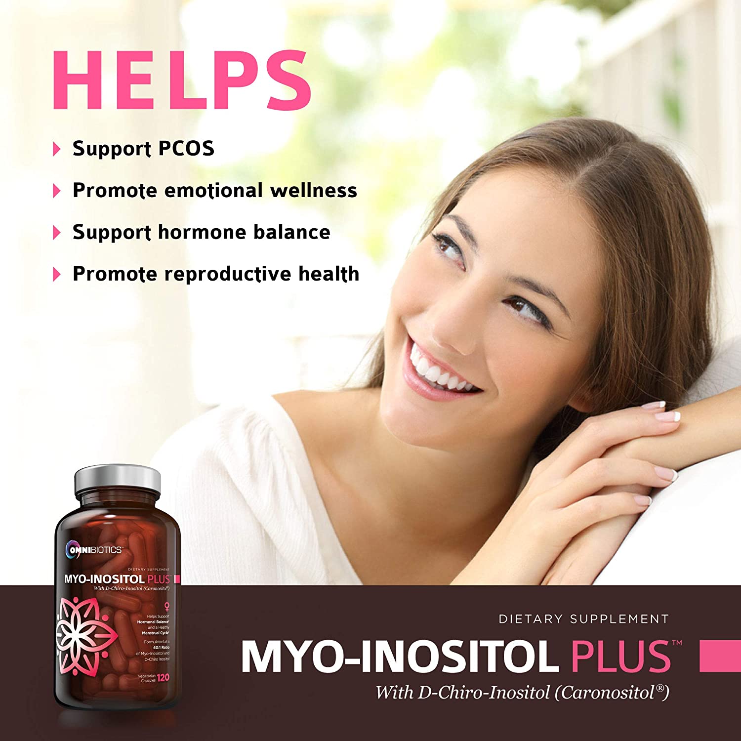 Colorful infographic advertisement for Myo-Inositol Plus, detailing its advantages and promoting its health benefits.