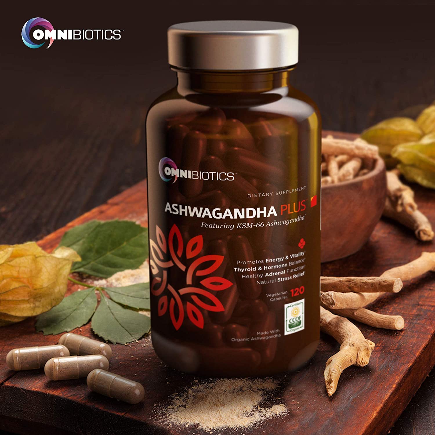 Omnibiotics Ashwagandha Plus supplement bottle featuring capsules with herbs and spices for wellness support.