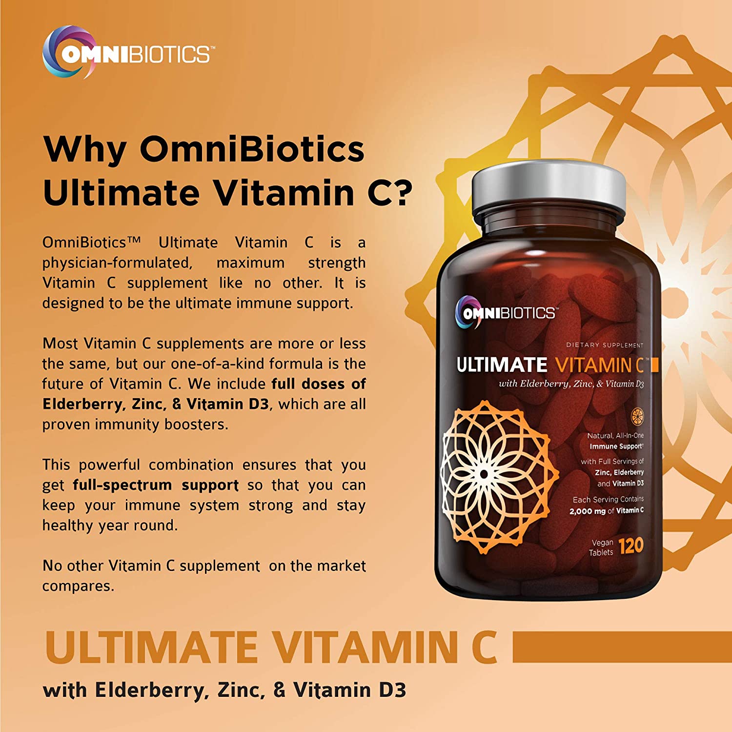OmniBiotics Ultimate Vitamin C bottle with elderberry, zinc, and D3.