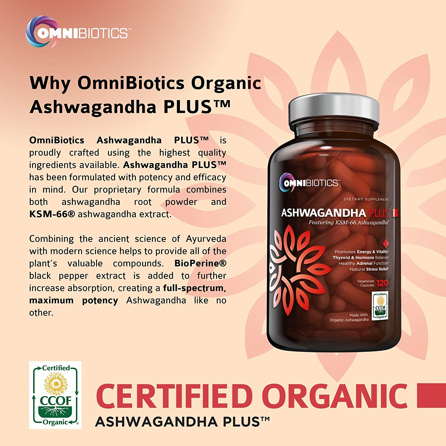 Omnibiotics Ashwagandha Plus supplement bottle, highlighting its organic formula for enhancing well-being.