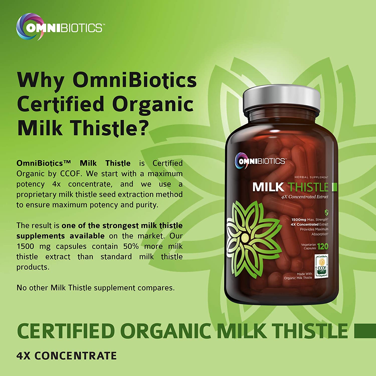 OmniBiotics Certified Organic Milk Thistle supplement bottle with 4x concentrate.