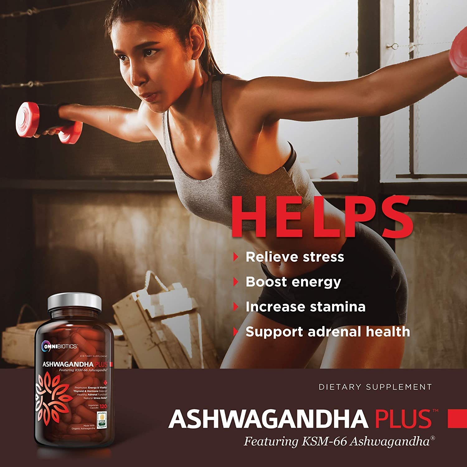 Omnibiotics Ashwagandha Plus supplement ad, showcasing a woman exercising and detailing the product's health benefits.
