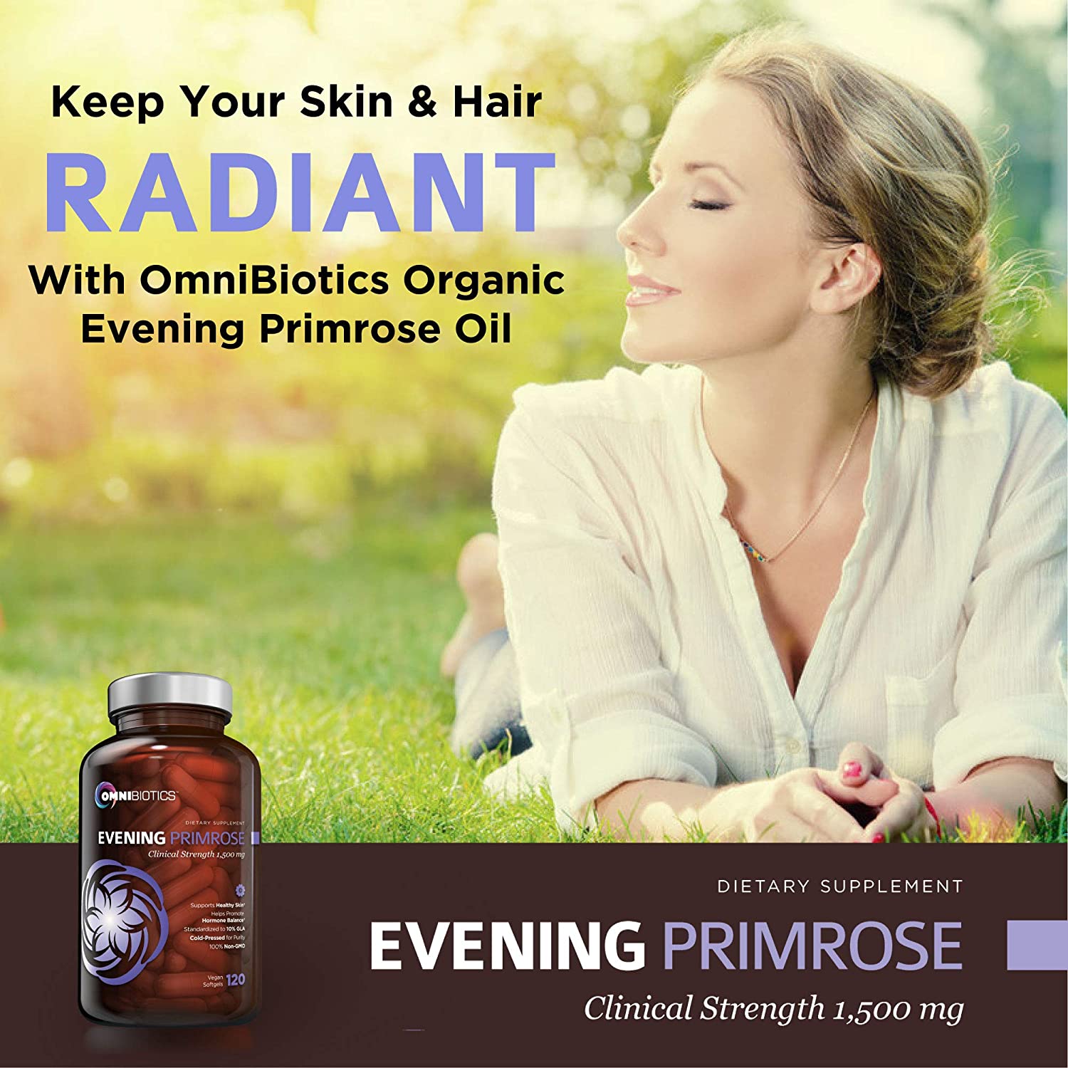 Woman relaxing on grass beside OmniBiotics Evening Primrose Oil 1,500 mg bottle.