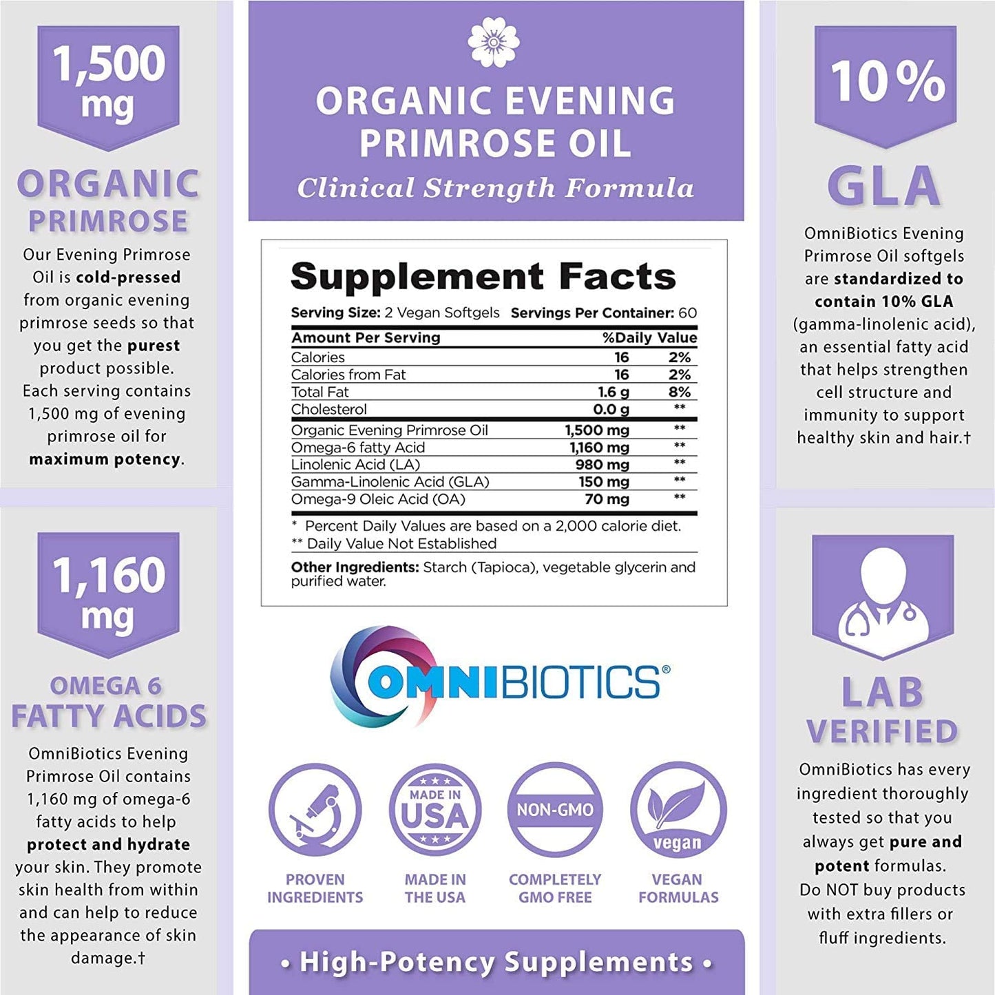 Label and details for Omnibiotics Organic Evening Primrose Oil supplement, including usage and benefits.