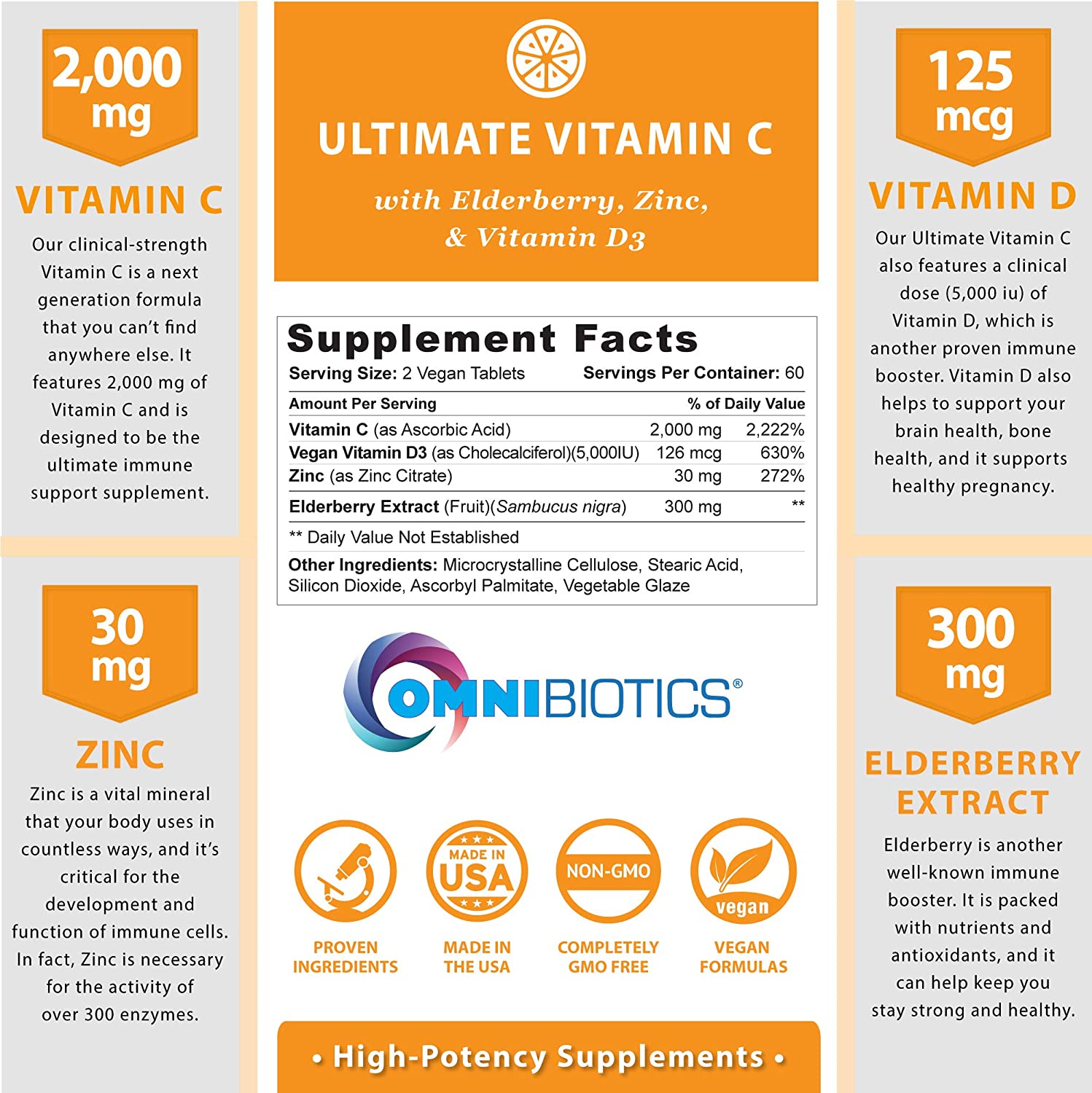 Ultimate Vitamin C label with facts: 2000mg C, 125mcg D3, 30mg zinc, 300mg elderberry.