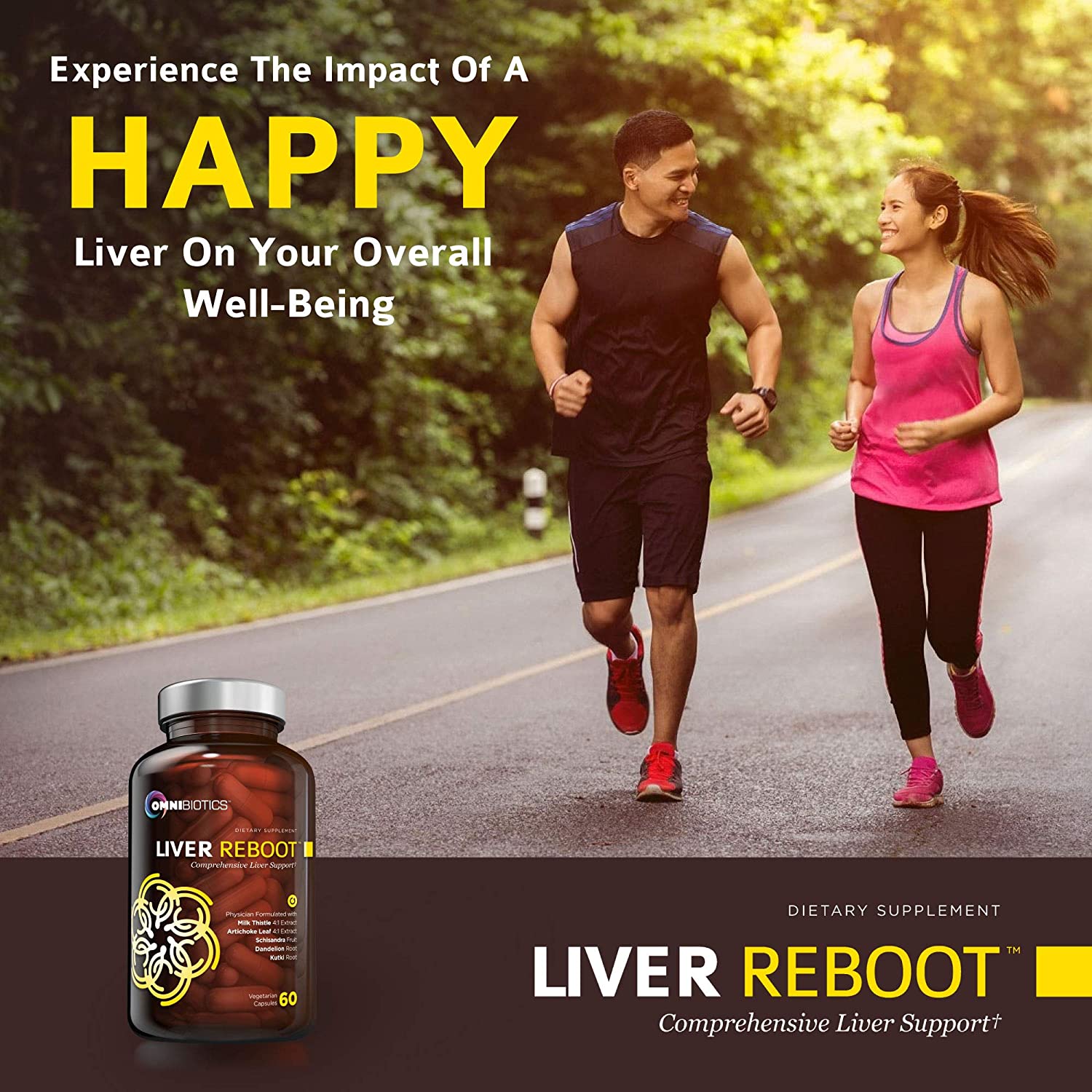 Happy couple jogging in an infographic ad for Omnibiotics Liver Reboot, a liver support supplement for a healthier lifestyle.