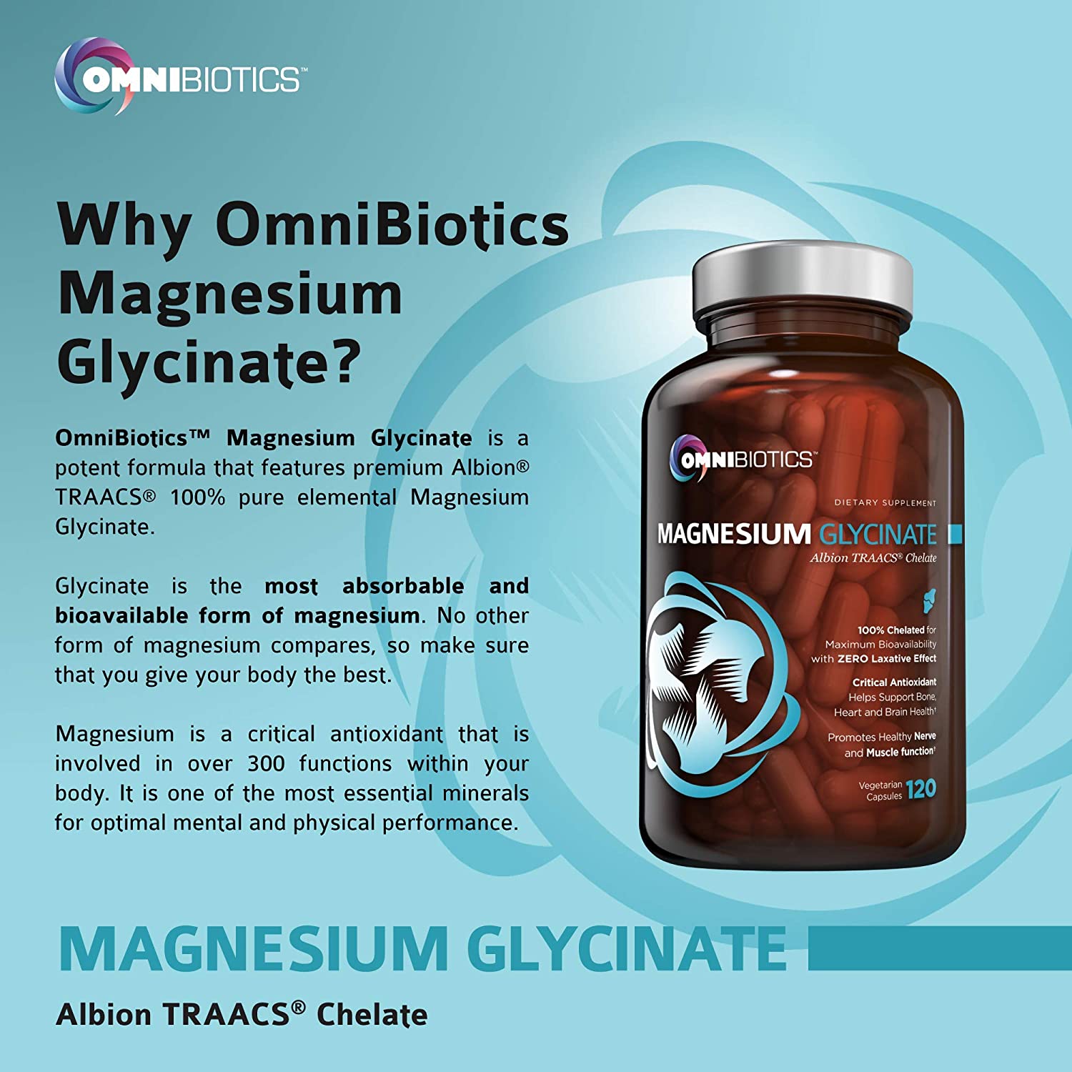 Omnibiotics Magnesium Glycinate Supplement in a clear bottle, with a label highlighting its benefits for relaxation and muscle support.