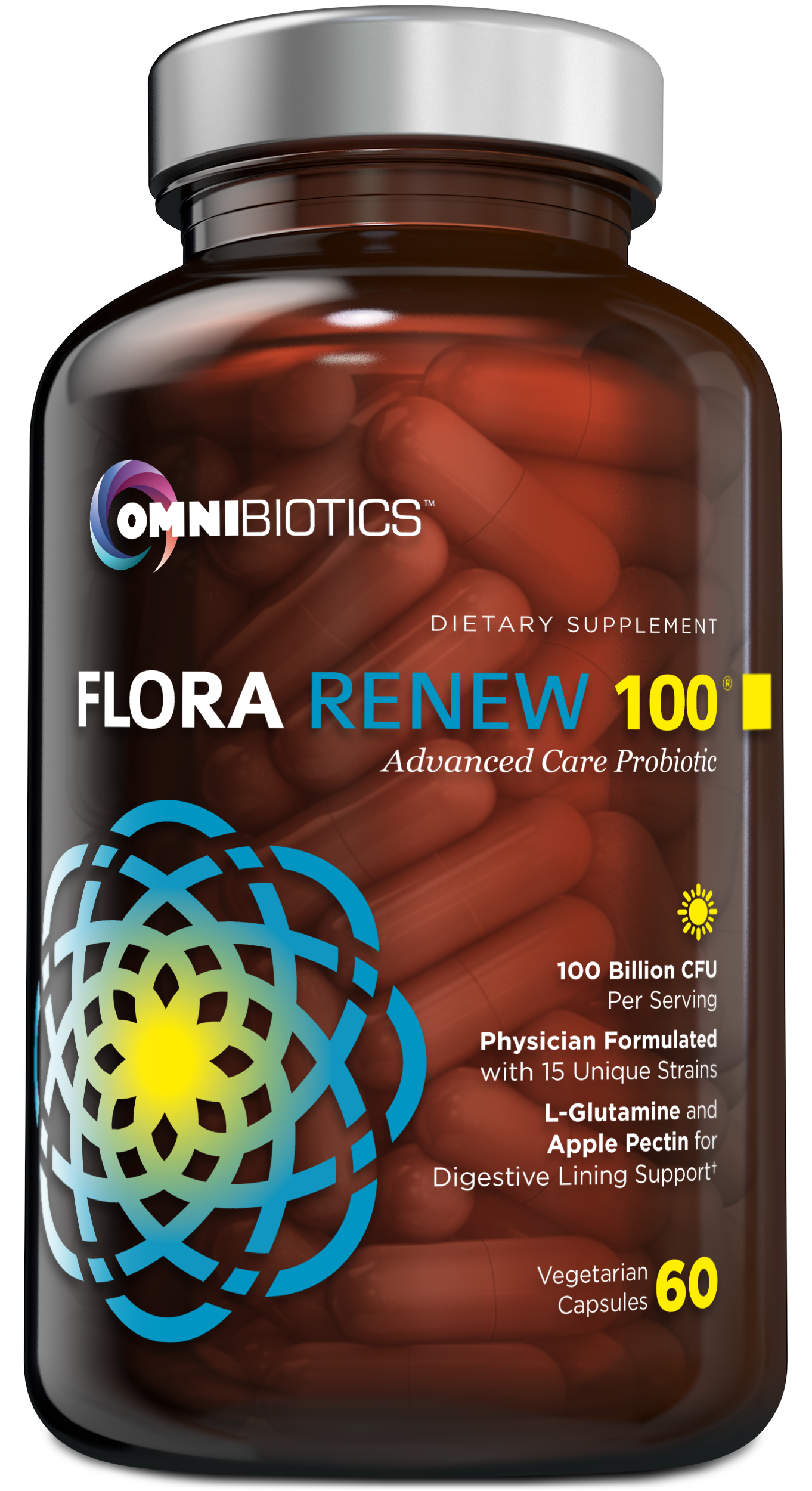 A bottle of OmniBiotics Flora Renew Probiotic Capsules with graphic elements and text on the label.