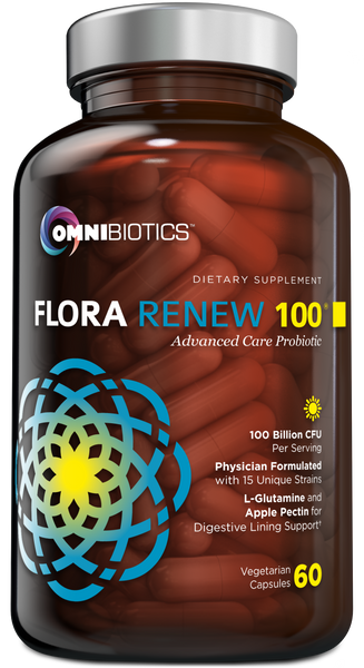 A bottle of OmniBiotics Flora Renew Probiotic Capsules with graphic elements and text on the label.