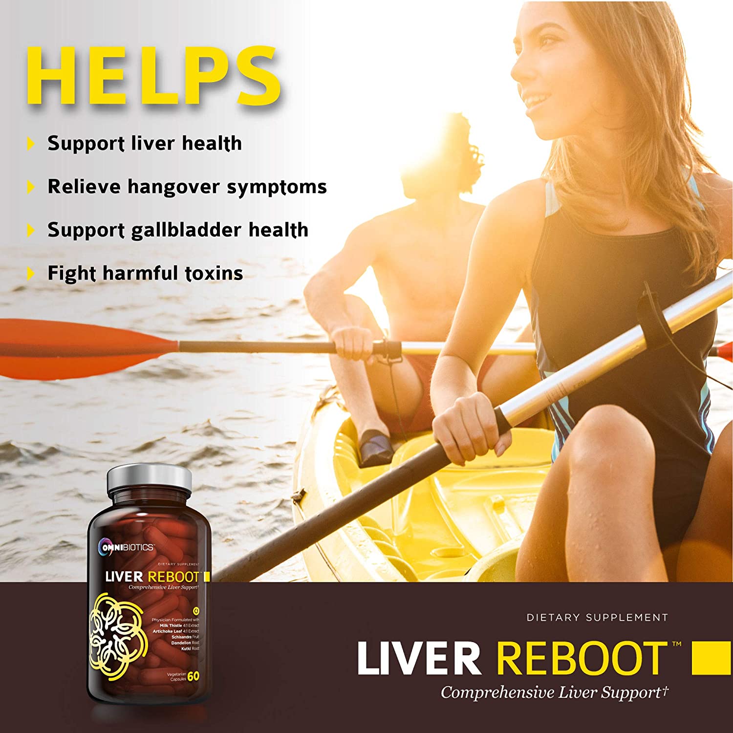 Kayakers with OmniBiotics Liver Reboot bottle and “Helps” benefits list.