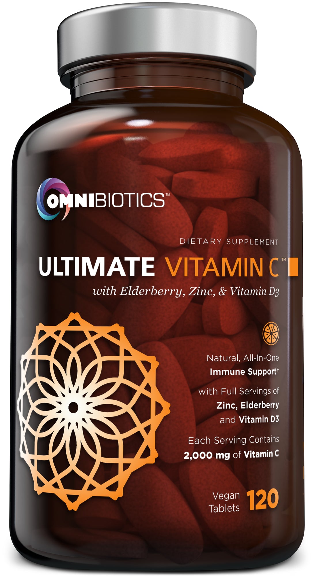 A bottle of Omnibiotics Ultimate Vitamin C supplement with a label showing the product name and mentions of ingredients such as Elderberry, Zinc, and Vitamin D3.