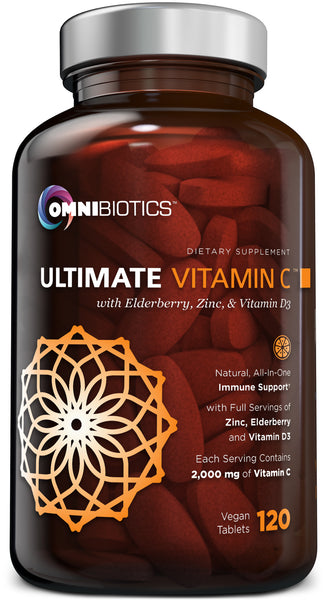 A bottle of Omnibiotics Ultimate Vitamin C supplement with a label showing the product name and mentions of ingredients such as Elderberry, Zinc, and Vitamin D3.