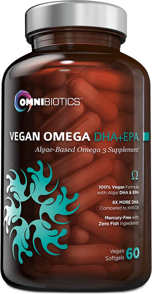 A bottle of OmniBiotics Vegan Omega DHAx supplement with 60 vegetarian capsules, emphasizing its algal-based omega-3 and -6 fatty acid content, along with its vegan and mercury-free attributes.