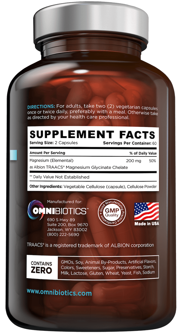 Magnesium glycinate supplement facts for brain, heart, and bone support with 120 vegan capsules by OmniBiotics
