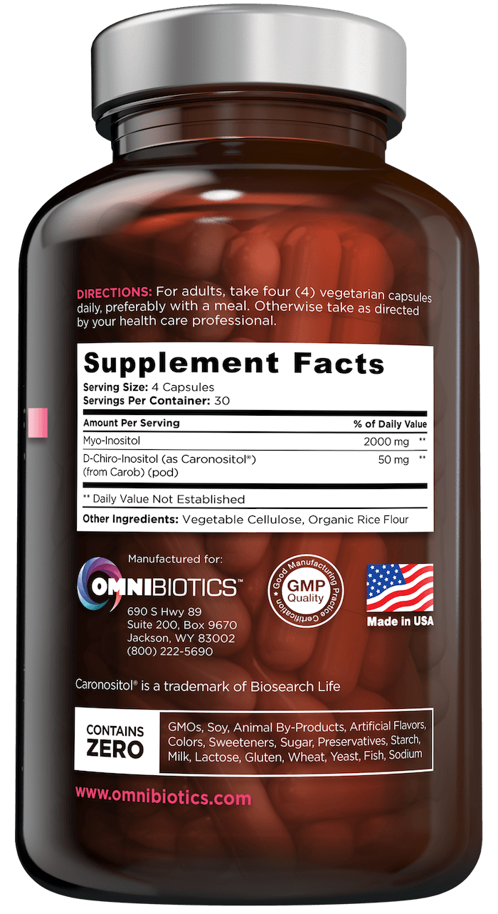 Myo-inositol supplement facts with D-chiro-inositol for PCOS, fertility support, and hormone balance with 120 vegan capsules by OmniBiotics