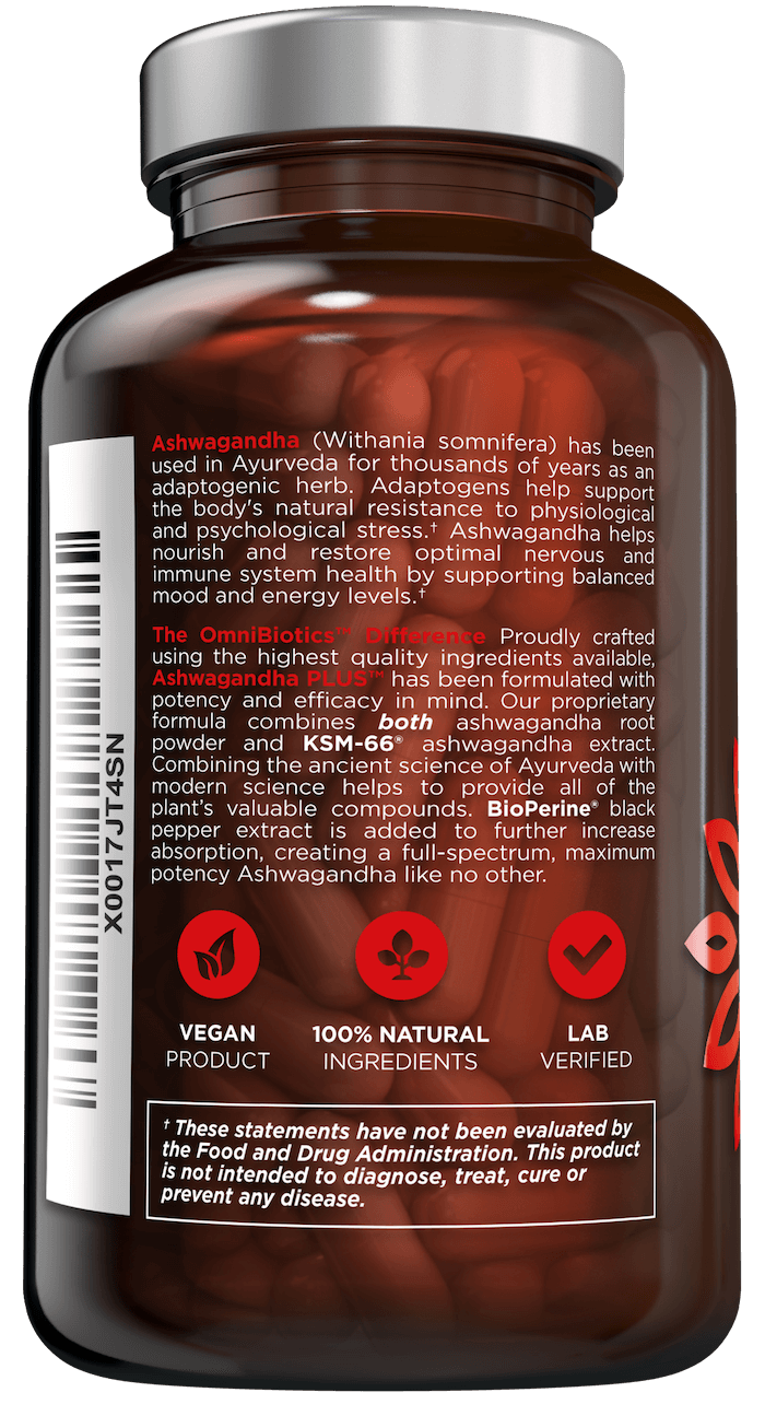 Certified organic ashwagandha supplement with KSM-66 and 120 vegan capsules for stress and energy support by OmniBiotics