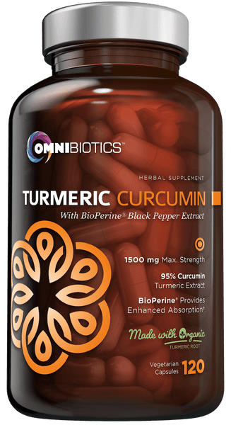 A bottle of OmniBiotics Organic Turmeric Curcumin supplement with BioPerine Black Pepper Extract, featuring 120 vegetable capsules and 1500 mg of turmeric per serving.