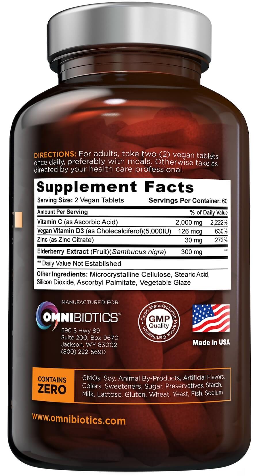 Ultimate Vitamin C bottle back: Supplement Facts—2 vegan tablets; Vitamin C 2000 mg, D3 125 mcg (5,000 IU), Zinc 30 mg, Elderberry 300 mg; GMP, Made in USA.