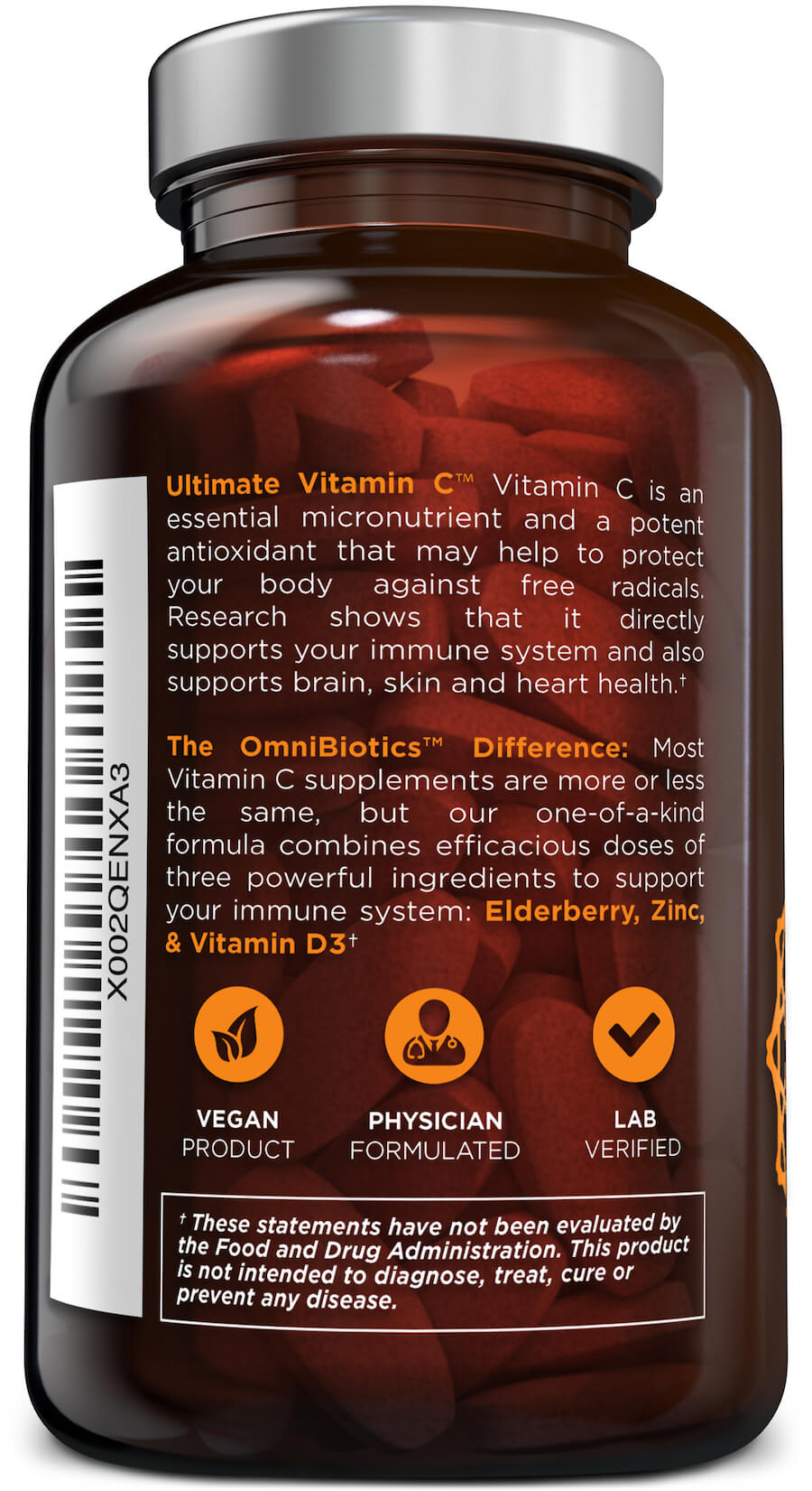 Ultimate Vitamin C bottle back with benefits text, vegan/physician-formulated/lab-verified icons, and FDA disclaimer.