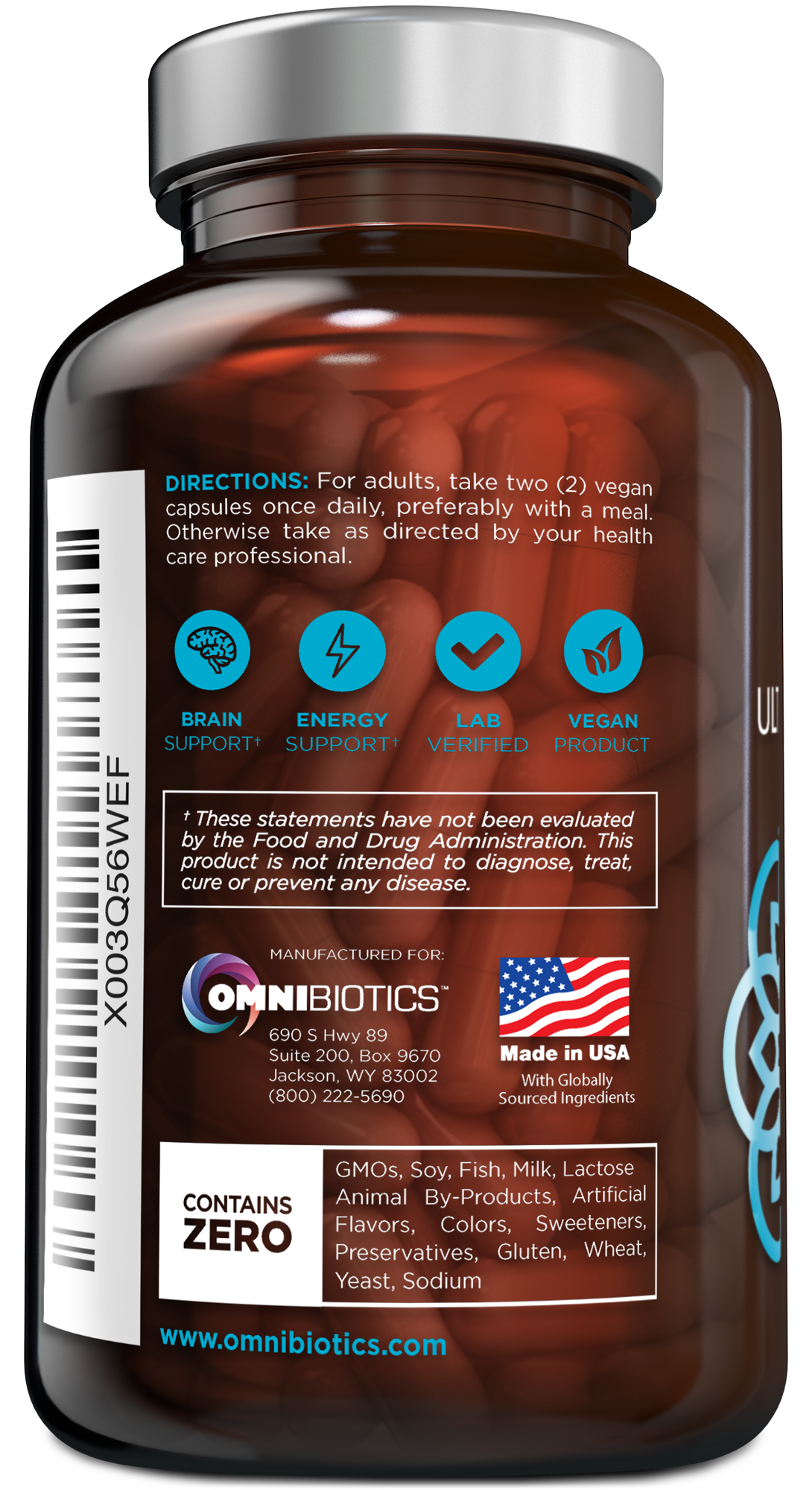 Back label of OmniBiotics Ultimate Multivitamin—directions, vegan & lab-verified icons, Made in USA flag, and “Contains Zero” allergens list.
