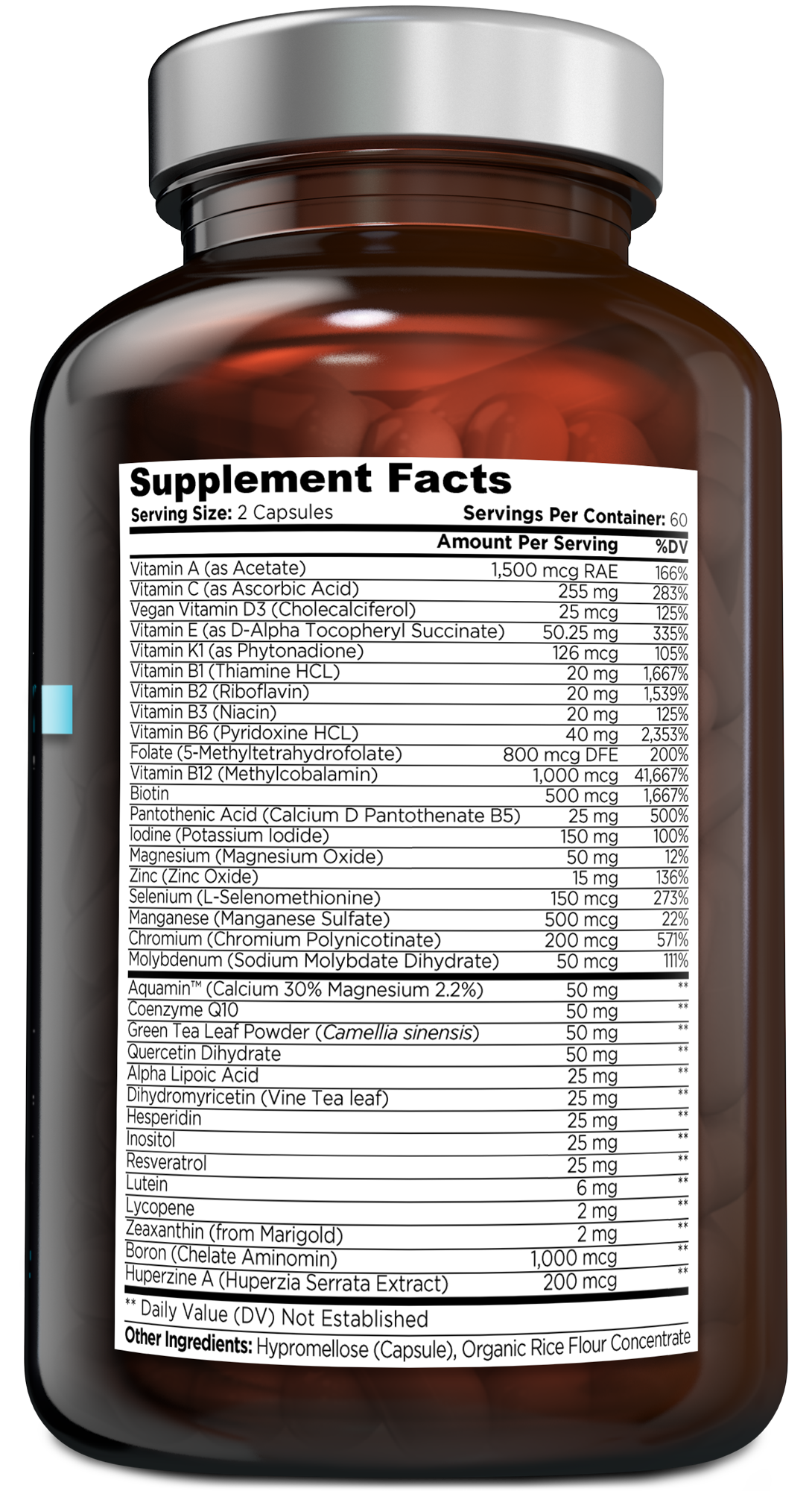 Ultimate Multivitamin supplement facts label on OmniBiotics bottle.

