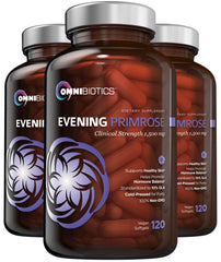 Three bottles of OmniBiotics Evening Primrose Oil with capsules visible, labeled for supporting healthy skin, hair, and nails, with a blend of evening primrose, rose hips, and flaxseed oils.