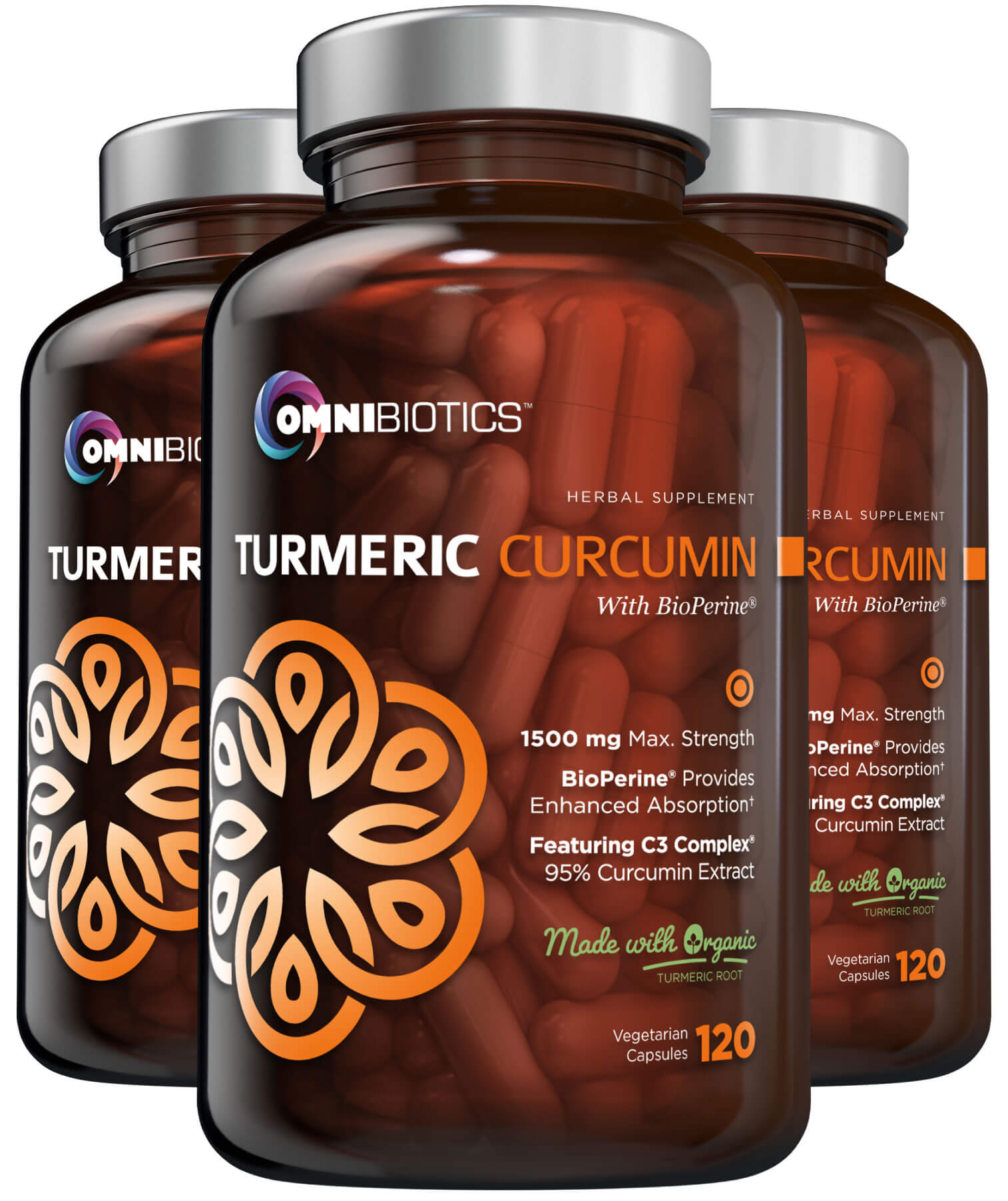 Three bottles of OmniBiotics Turmeric Curcumin supplement on a white background