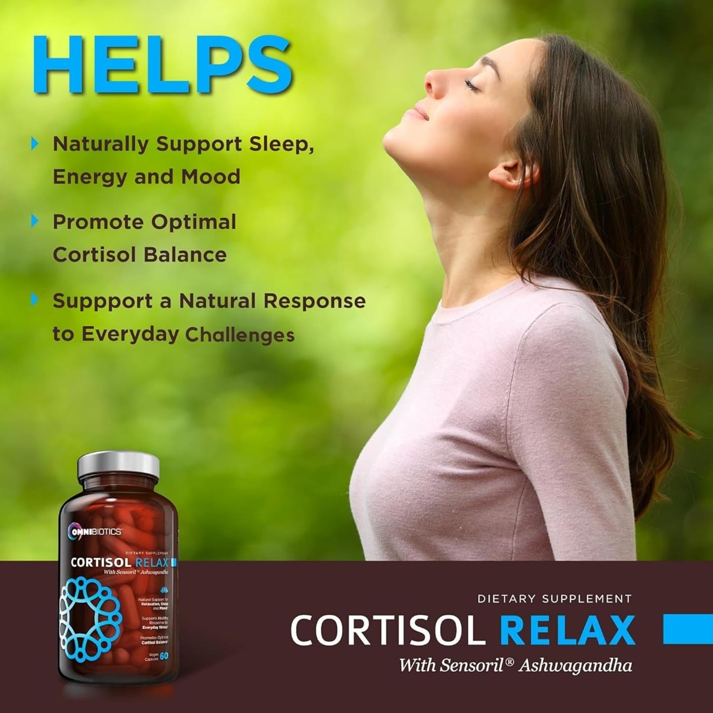 Woman breathing calmly outdoors with OmniBiotics Cortisol Relax bottle; benefits listed—supports sleep, energy, mood, cortisol balance, and stress response.