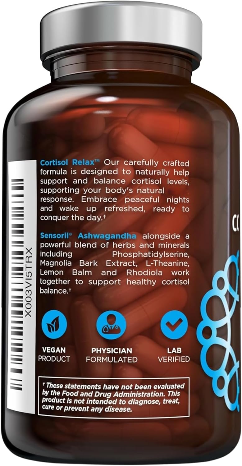 OmniBiotics Cortisol Relax bottle—back label with cortisol support formula and vegan/physician-formulated/lab-verified icons.