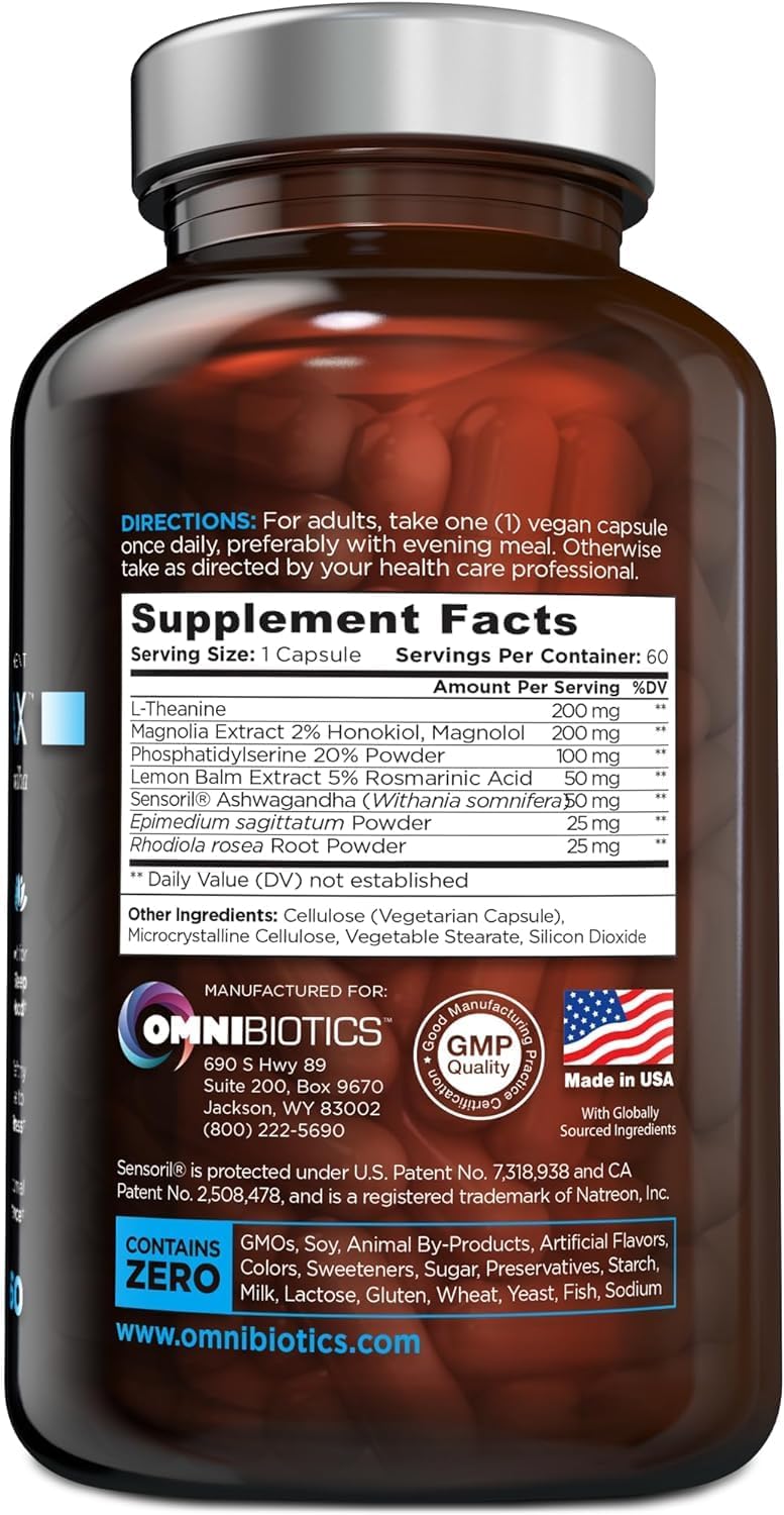 Back label of OmniBiotics Cortisol Relax—Supplement Facts: 1-capsule serving (60), with L-Theanine, Magnolia, Phosphatidylserine, Lemon Balm, Ashwagandha, Epimedium, and Rhodiola.